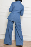 Blue Casual Solid Hollowed Out Patchwork Turndown Collar Long Sleeve Two Pieces