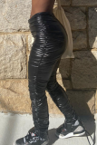 Black Sexy Solid Fold Skinny High Waist Pencil Solid Color Bottoms