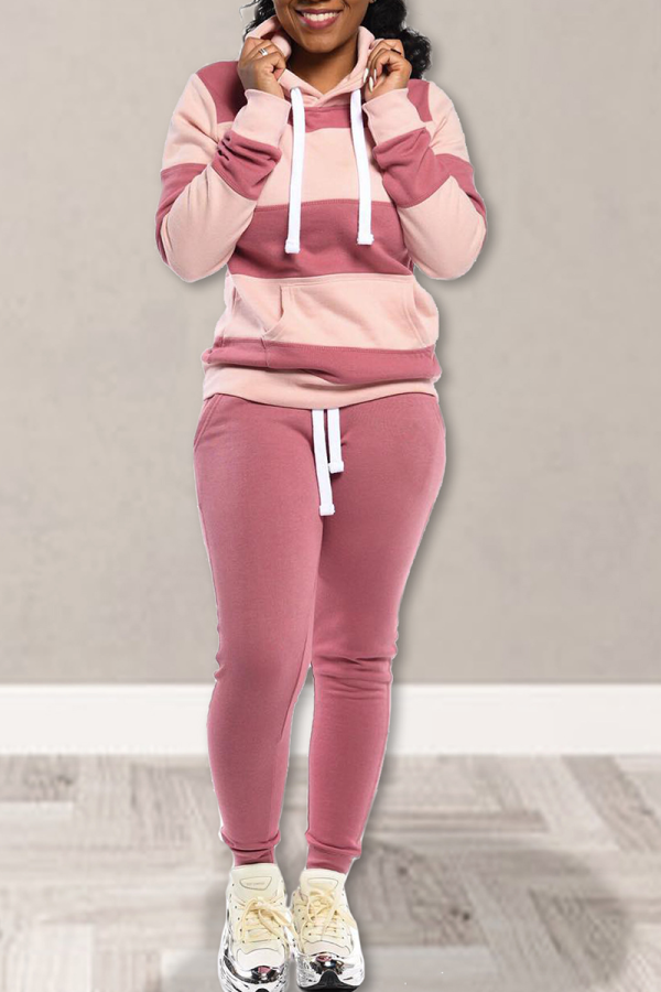 Pink Street Striped Draw String Hooded Collar Long Sleeve Two Pieces