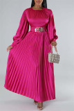 Rose Red Casual Solid Patchwork O Neck Long Sleeves Pleated Dresses (Without Belt)