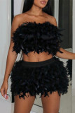 Black Sexy Solid Patchwork Feathers Backless Strapless Sleeveless Two Pieces