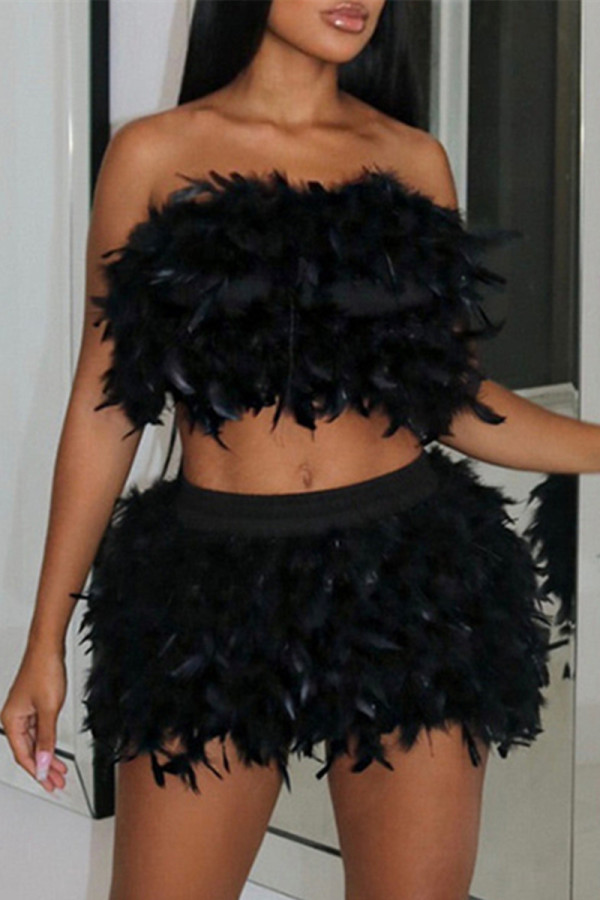 Black Sexy Solid Patchwork Feathers Backless Strapless Sleeveless Two Pieces