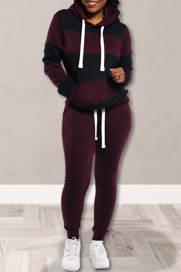 Black Street Striped Draw String Hooded Collar Long Sleeve Two Pieces