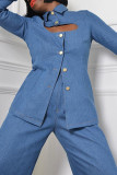 Blue Casual Solid Hollowed Out Patchwork Turndown Collar Long Sleeve Two Pieces