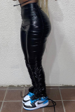 Black Sexy Solid Fold Skinny High Waist Pencil Solid Color Bottoms