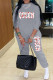 Grey Casual Daily Letter Print Patchwork O Neck Long Sleeve Two Pieces