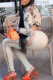 Apricot Sexy Casual Print Hollowed Out O Neck Long Sleeve Two Pieces