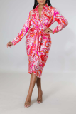 Red Street Print Patchwork Turndown Collar Shirt Dress Dresses
