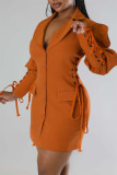 Yellow Casual Solid Patchwork Turndown Collar Long Sleeve Dresses