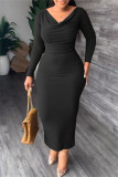 Blue Casual Solid Patchwork V Neck Long Sleeve Dresses