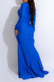 Blue Party Solid Fold V Neck Trumpet Mermaid Dresses