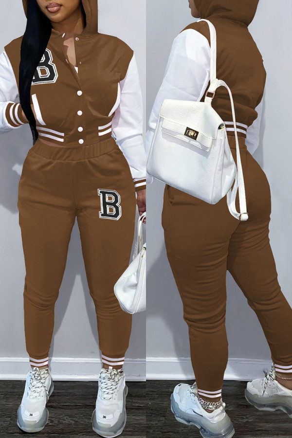 Brown Casual Letter Print Patchwork Hooded Collar Long Sleeve Two Pieces