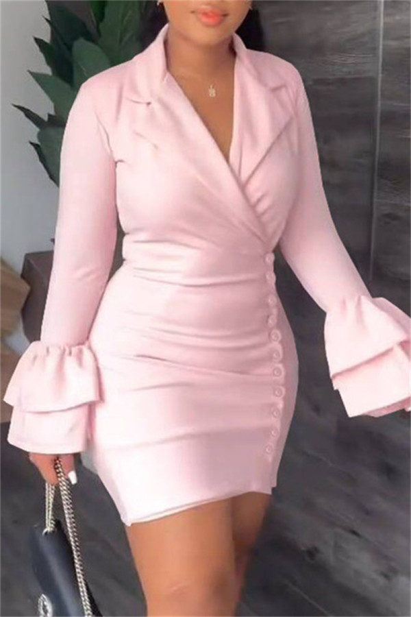 Pink Casual Solid Patchwork Turn-back Collar Long Sleeve Dresses