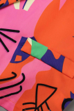 Tangerine Red Street Print Patchwork Turndown Collar Outerwear