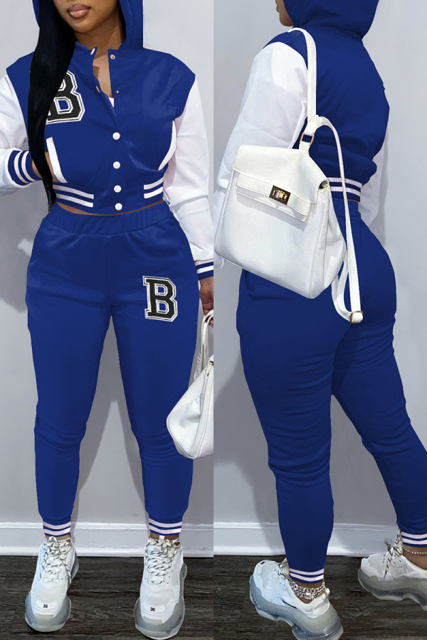 Blue Casual Letter Print Patchwork Hooded Collar Long Sleeve Two Pieces