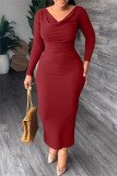 Blue Casual Solid Patchwork V Neck Long Sleeve Dresses