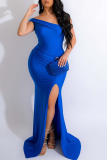 Blue Sexy Solid Patchwork One Shoulder Trumpet Mermaid Dresses