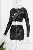 Black Sexy Patchwork Hollowed Out See-through O Neck Long Sleeve Two Pieces