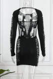 Blue Sexy Solid Ripped Hollowed Out O Neck Long Sleeve Dresses