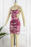 Burgundy Sexy Print Bandage Backless Spaghetti Strap Sleeveless Dress Dresses