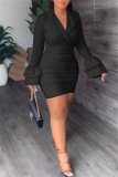 Pink Casual Solid Patchwork Turn-back Collar Long Sleeve Dresses