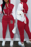 Red Casual Letter Print Patchwork Hooded Collar Long Sleeve Two Pieces