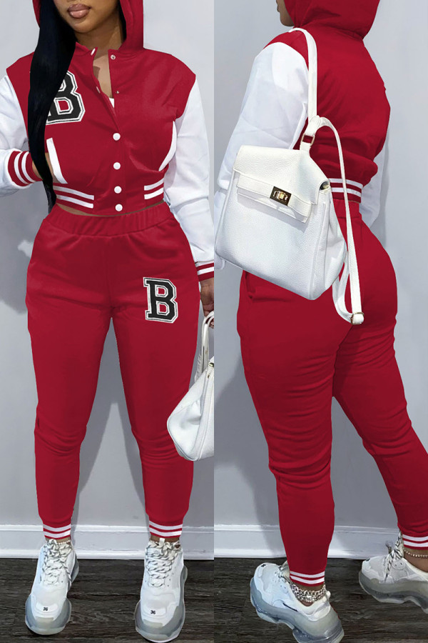 Red Casual Letter Print Patchwork Hooded Collar Long Sleeve Two Pieces