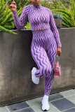 Purple Casual Print Patchwork Zipper Collar Long Sleeve Two Pieces