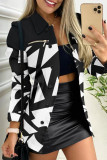 White Casual Print Patchwork Turndown Collar Outerwear