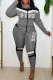 Grey Casual Print Letter Hooded Collar Long Sleeve Two Pieces