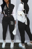 Red Casual Letter Print Patchwork Hooded Collar Long Sleeve Two Pieces