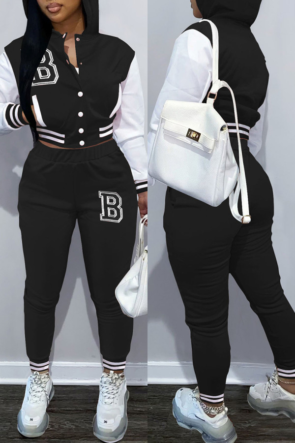 Black Casual Letter Print Patchwork Hooded Collar Long Sleeve Two Pieces