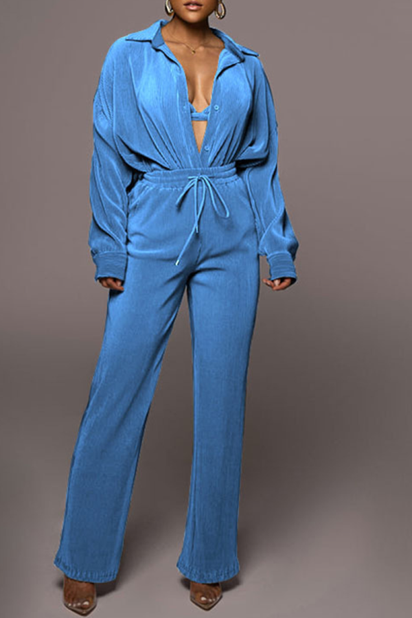 Sky Blue Casual Solid Patchwork Turndown Collar Long Sleeve Two Pieces