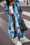 Blue White Street Print Patchwork Hooded Collar Outerwear