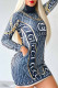 Blue Elegant Print Letter Half A Turtleneck One Step Skirt Dresses