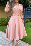 Pink Casual Solid Patchwork With Belt Turndown Collar Long Sleeve Dresses
