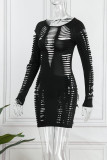 Blue Sexy Solid Ripped Hollowed Out O Neck Long Sleeve Dresses