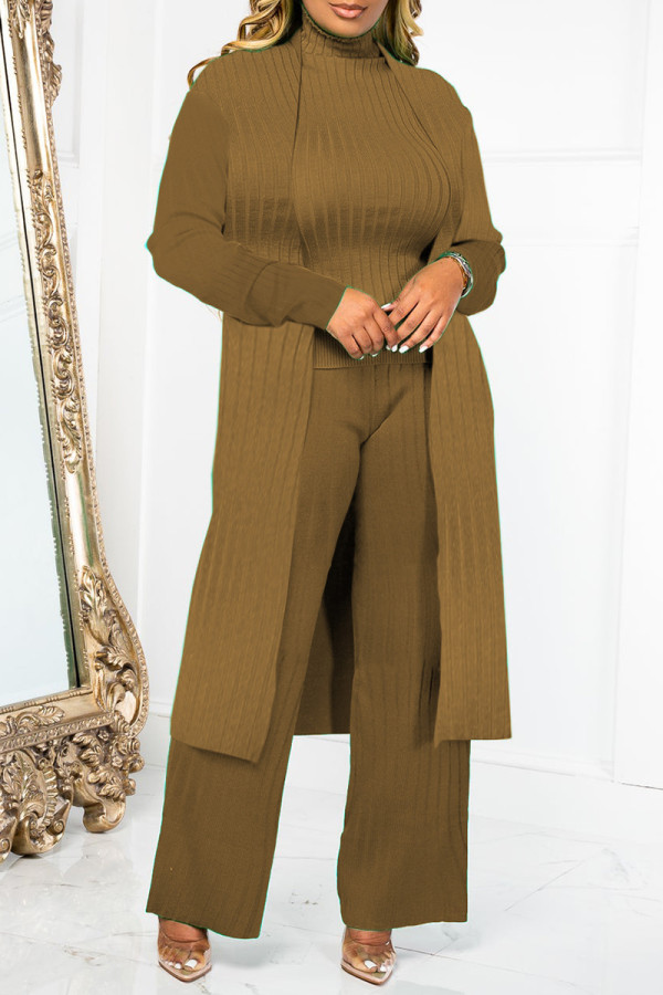 Brownness Casual Solid Patchwork Turtleneck Long Sleeve Three-piece Set