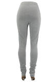 Grey Fashion Casual Solid Ripped Fold Regular Mid Waist Trousers