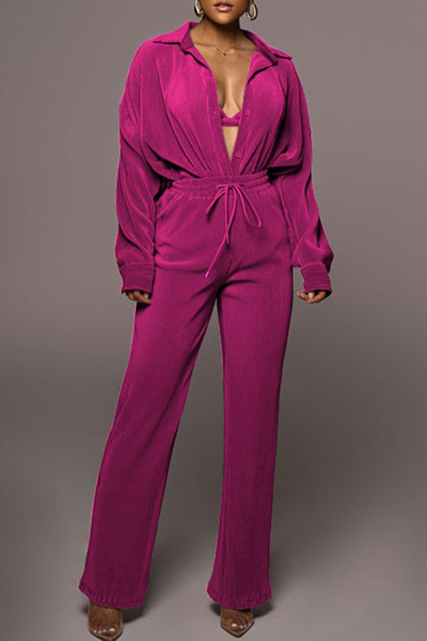 Rose Red Casual Solid Patchwork Turndown Collar Long Sleeve Two Pieces