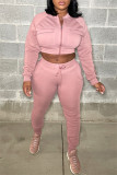 Pink Casual Solid Patchwork Zipper Collar Long Sleeve Two Pieces