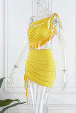 Yellow Sexy Solid Hollowed Out Patchwork Backless One Shoulder Sleeveless Two Pieces