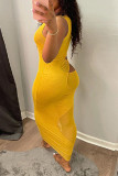 Grey Fashion Sexy Solid Hollowed Out Backless V Neck Sling Dress