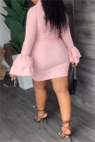 Pink Casual Solid Patchwork Turn-back Collar Long Sleeve Dresses