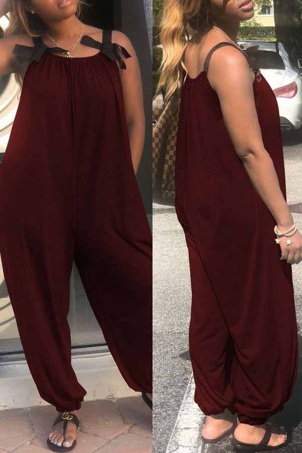 Wine Red Fashion Casual Solid Basic O Neck Loose Jumpsuits