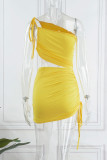 Yellow Sexy Solid Hollowed Out Patchwork Backless One Shoulder Sleeveless Two Pieces