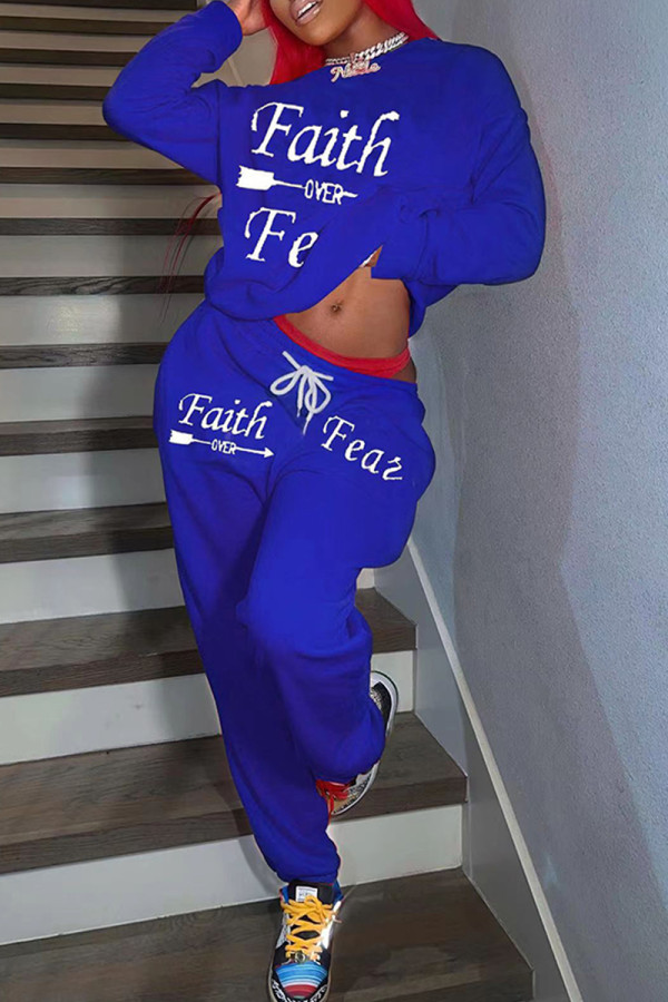 Blue Casual Letter Print Basic O Neck Long Sleeve Two Pieces