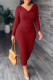 Burgundy Casual Solid Patchwork V Neck Long Sleeve Dresses