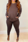 Coffee Casual Solid Patchwork O Neck Long Sleeve Two Pieces