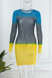 Colour Sexy Gradual Change Patchwork O Neck Pencil Skirt Dresses